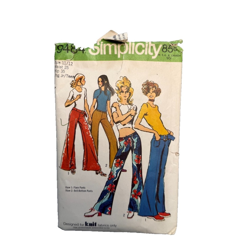VTG 1970s Simplicity 9484 Sewing Pattern Flare & Bell Bottom Pants Size 11/12